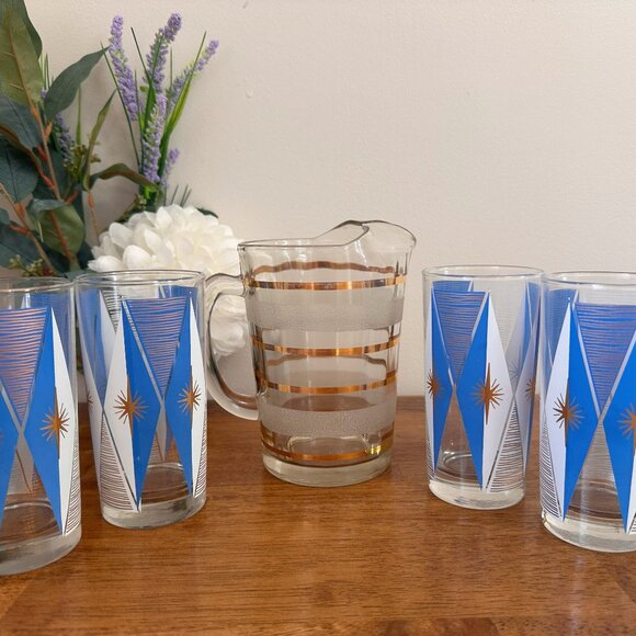 Vintage Libbey Atomic Burst Highball Glasses with Gold Striped Pitcher – Midcent - Picture 1 of 8